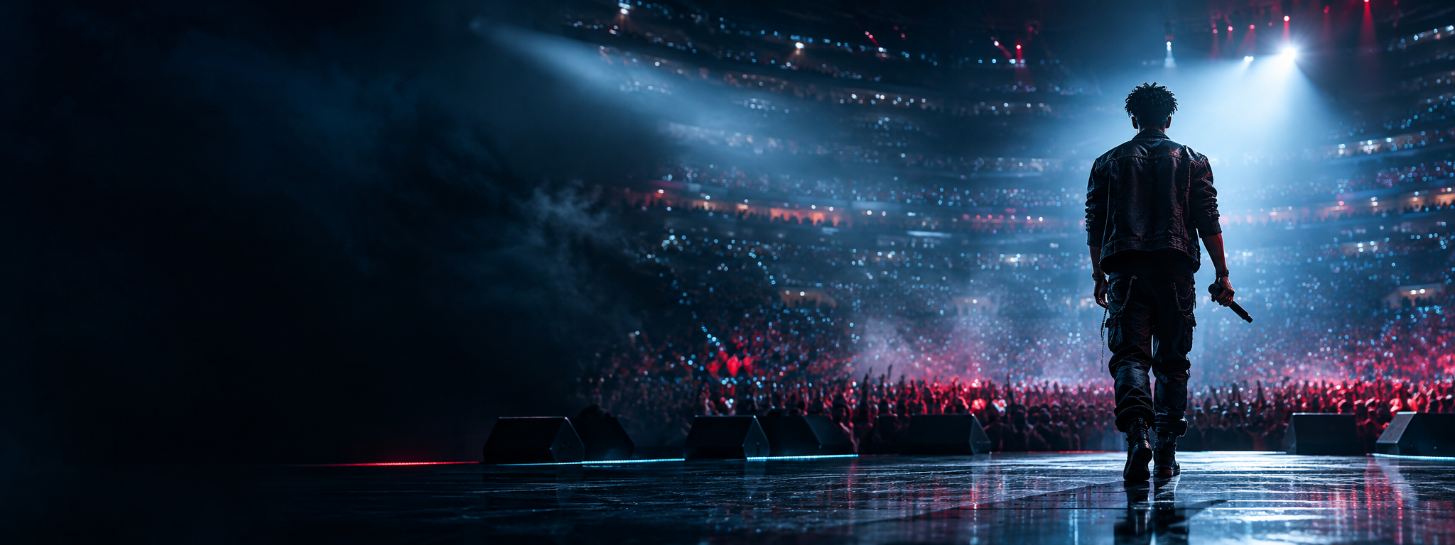 An emerging artist stepping onto a concert stage beneath arena lights